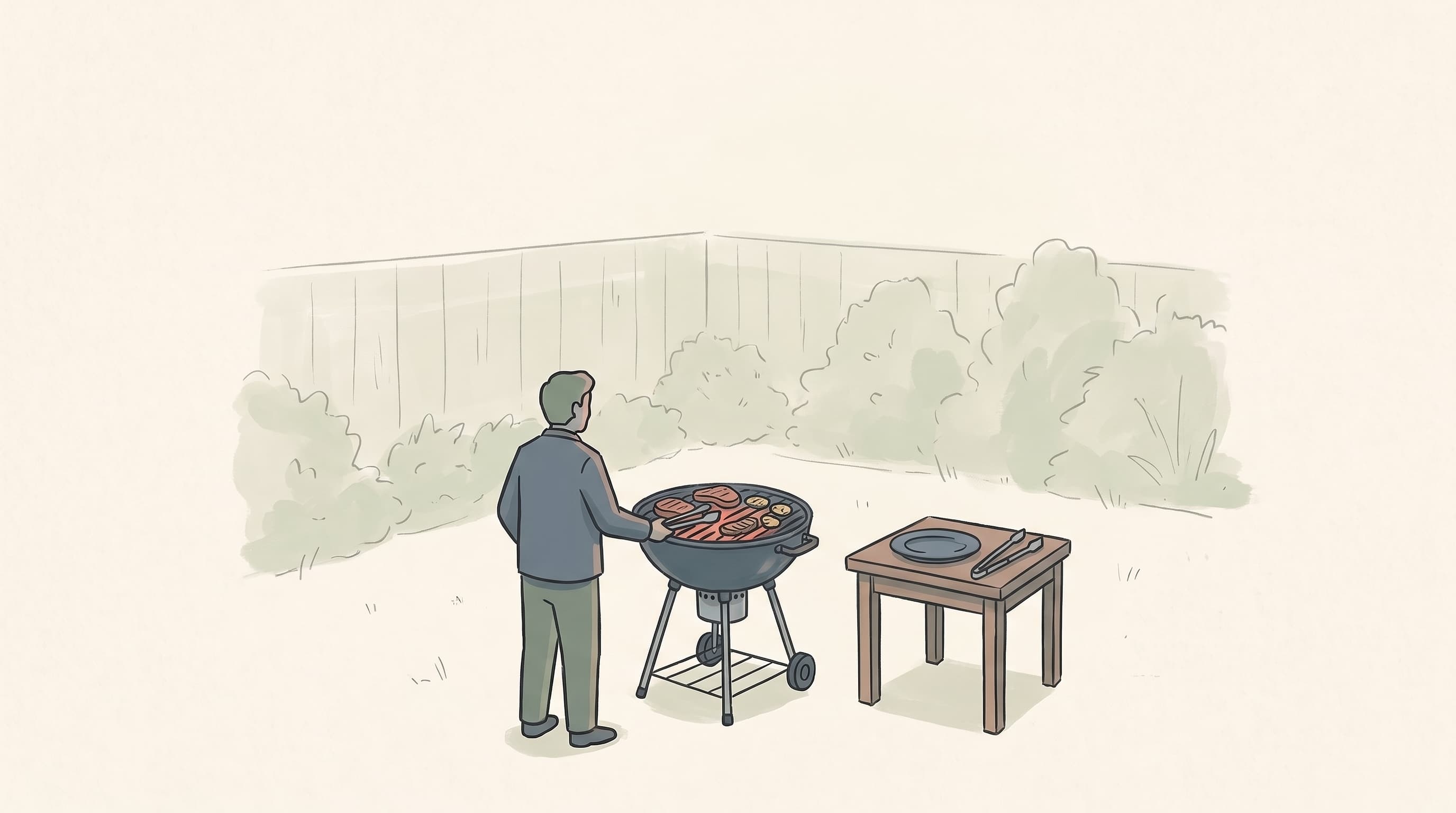 A person seen from behind works the grate of a charcoal kettle grill with tongs, beside a small wooden table holding an empty plate and spare tongs, with a fence and shrubs faint in the background.